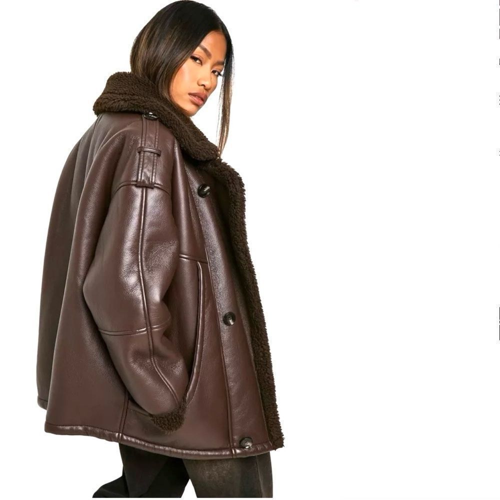 Boohoo Oversized Faux Leather Bomber Jacket in Chocolate - Picture 4 of 5